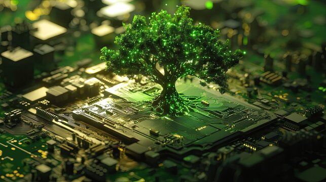 A glowing green tree made of light emerges from the CPU socket of a computer motherboard - Powered by Adobe