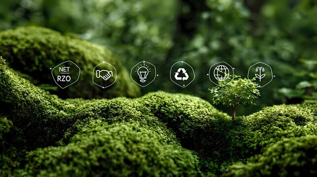Lush green moss with environmental sustainability icons overlay, representing eco-friendly business concepts and natural conservation efforts in forest setting.