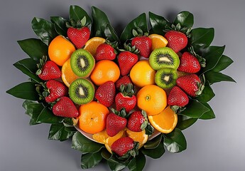A heart-shaped arrangement of fresh strawberries, kiwi, and orange slices framed by green leaves on a gray background