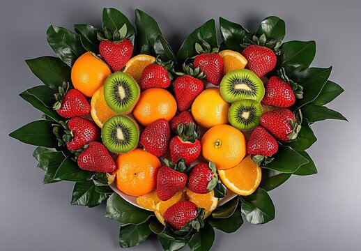A heart-shaped arrangement of fresh strawberries, kiwi, and orange slices framed by green leaves on a gray background - Powered by Adobe