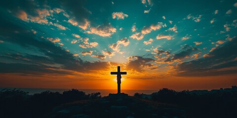 Christ's silhouette in the sky, representing faith, belief, and spiritual reflection. A powerful image of religion, prayer, and Christian values in a natural, peaceful environment, Generative AI