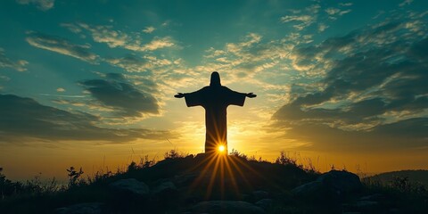 Christ's silhouette in the sky, representing faith, belief, and spiritual reflection. A powerful image of religion, prayer, and Christian values in a natural, peaceful environment, Generative AI