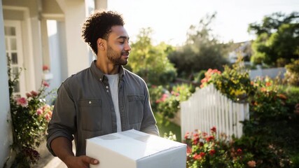 Confident delivery man holding a cardboard package while standing at the entrance of a house, smiling and looking around before looking at the camera in a suburban neighborhood garden - Powered by Adobe