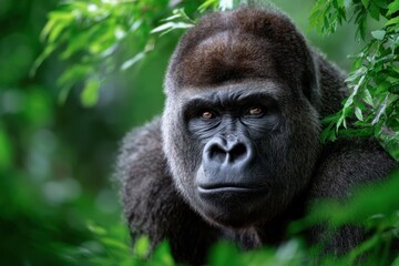 Obraz premium Gorilla observing surroundings in a lush green habitat in the early morning light