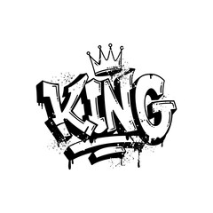 Urban graffiti lettering of the word “KING” with crown symbol and dripping spray paint effect.