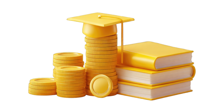 Gold coins, graduation cap, and books; education and finance concept