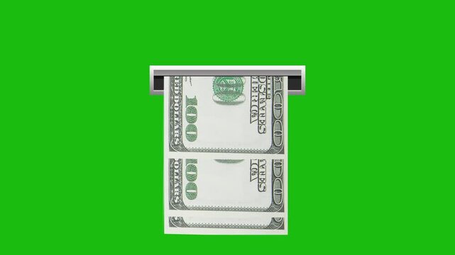 Animation of withdrawing cash in dollars from an ATM, with a chromakey background. Concept of financial, banking operations, and transactions. 4K