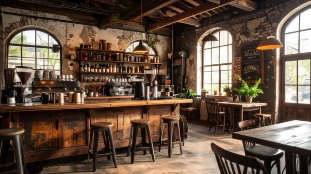Rustic interior of a cozy cafe with wooden elements, arched windows, and a warm, inviting atmosphere