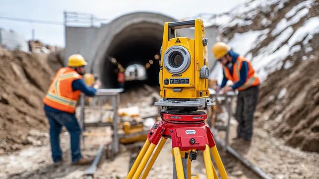 Precision Engineering: A detailed view showcases surveying equipment, highlighting the meticulous work of construction workers ensuring the accuracy of a tunnel's design and excavation.