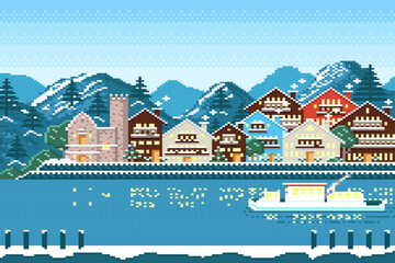 Winter with Many houses on snow floor and mountain background in pixel game.