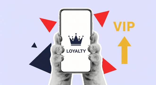 Creative illustration of a mobile app for a customer rewards program, showing a smartphone with a VIP loyalty crown icon held by cat paws