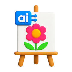 3d icon of easel with flower and ai icon isolated on transparent background