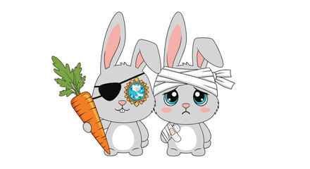 Naklejka premium Two cartoon bunnies, one dressed as a pirate with a jeweled eyepatch and a carrot, the other sad and covered in bandages.