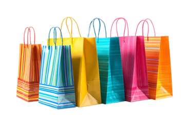Colorful collection of paper shopping bags with handles against a black background