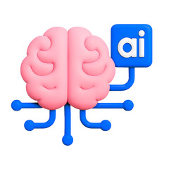3d icon of artificial intelligence concept with brain isolated on transparent background, 3d rendering