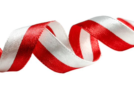 Curving red and white striped ribbon on black background - Powered by Adobe