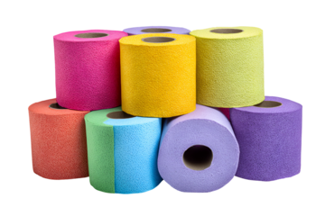 Vibrant stack of colorful toilet paper rolls against a black background