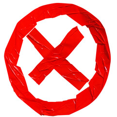 Torn crumpled cross wrinkled adhesive red tape in circle on transparent background. x sign. 2 piece of cross plastic, glossy shine texture, tick, reject
