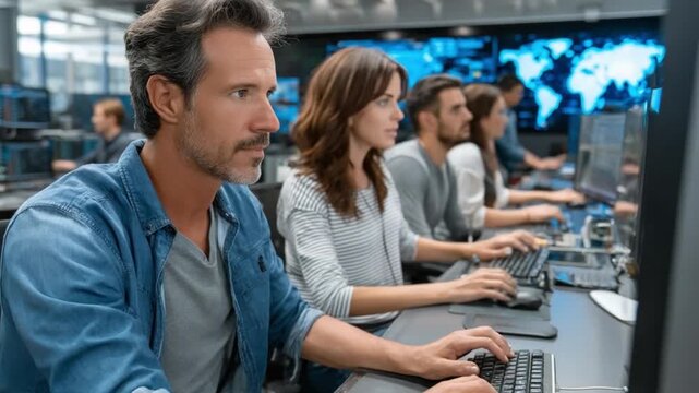 Concentration at Workstation: A team of dedicated individuals are fully engaged in their respective tasks, intensely focused on the computer screens in front of them, within a modern office setting.