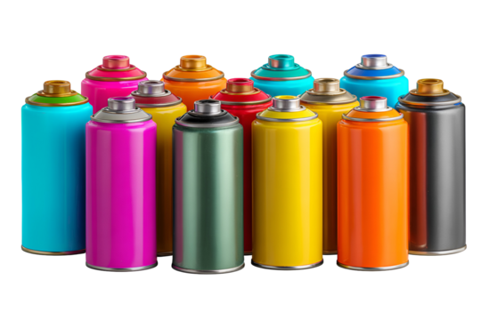 Collection of colorful spray paint cans arranged in a group against a black background