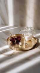 Cherries with Ceramic Vase and Jewelry on Gold Tray, Marble Background