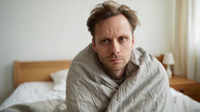 Disheveled sad man wrapped in blanket sitting on bed, gloomy morning mood, emotional fatigue and tired start to the day
