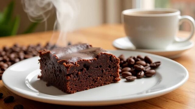 Indulge your senses with a rich brownie and steaming coffee, a perfect pairing for a delicious breaktime treat, captured in a warm, inviting scene