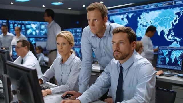 Command Center Coordination: A group of professionals intently monitors global data streams in a high-tech command center, showcasing advanced technology and strategic decision-making.