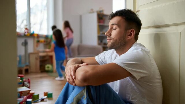 Exhausted father sitting on floor in children&rsquo;s room while kids play in background, parenting fatigue, emotional burnout at home