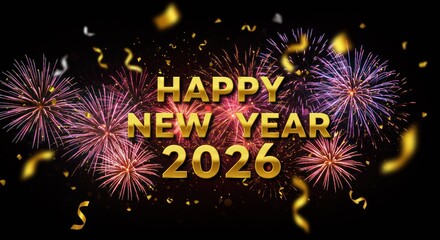 New Year celebration with fireworks and golden confetti background