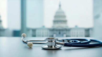 Stethoscope on light desk in front of government building, symbol of healthcare policy, medical insurance, public health system, national care reform, hospital access regulation, patient rights - Powered by Adobe