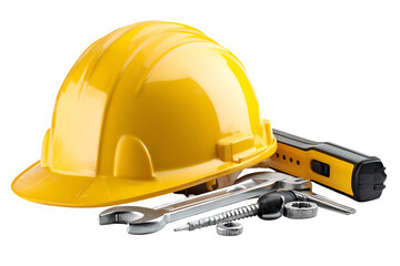 Yellow hard hat and assorted tools including wrenches and a level
