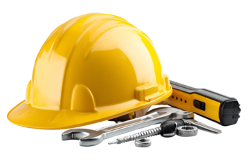 Yellow hard hat and assorted tools including wrenches and a level