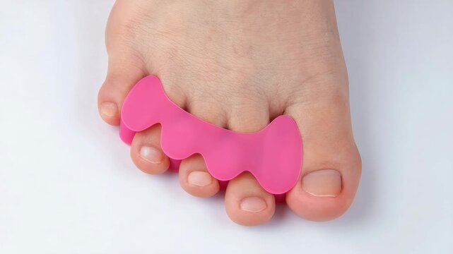 Pink toe separator on bare foot for alignment and bunion correction, orthopedic silicone spacer, foot care and hallux valgus relief tool
