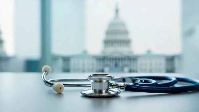 Stethoscope on light desk in front of government building, symbol of healthcare policy, medical insurance, public health system, national care reform, hospital access regulation, patient rights