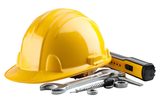 Yellow hard hat and assorted tools including wrenches and a level
