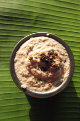 coconut chutney on banana leaf