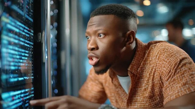 Focus and Concern: A man intensely examines a series of data points on a screen, his face etched with concentration and slight worry. The lighting casts a sense of importance and complexity.