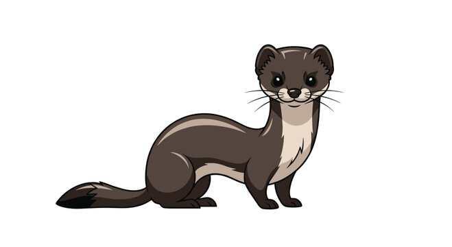 Charming cartoon illustration of a sleek brown weasel with a curious expression, shown in a seated pose on a white background.