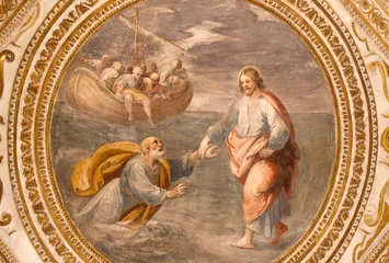 Selbstklebende Fototapeten Jesus Christus SALERNO, ITALY - OCTOBER 6, 2025: The ceiling fresco of  Drowned Peter and Jesus in the crypt of Cathedral of St. Matthew by Belisario Corenzio (1558–1646)  © Renáta Sedmáková