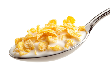 Close up of a spoonful of crunchy cornflakes cereal with milk against a dark background