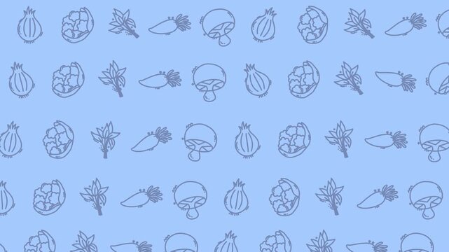 A delightful pattern vegetable design featuring carrots, mushrooms, onions, leaves, and various organic forms, creating a captivating repeating pattern
