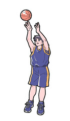 バスケットボールのシュートをする紺色のウェアを着た男の子のイラスト
