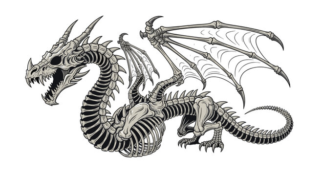 Intricate and menacing illustration of a complete dragon skeleton, showing its bony wings, sharp teeth, and spiky spine.
