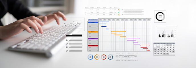 A project management dashboard for business. The interface features a Gantt chart to visualize the project timeline, task scheduling, and overall progress for efficient workflow. Fermion