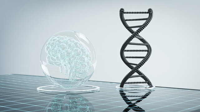 Unlock the mysteries of life with a stunning 3D representation of DNA alongside a glowing brain symbolizing intelligence and discovery