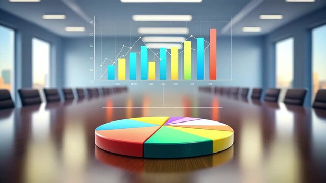 3D Holographic Pie Chart and Bar Graph Over Polished Conference Table in Blurred Corporate Setting Background 4k video animation - Powered by Adobe