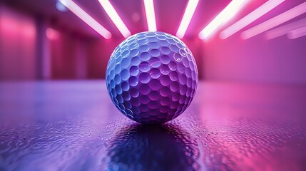 Glowing golf ball on reflective surface with pink and purple neon lighting in modern minimalist space creates futuristic sports atmosphere.
