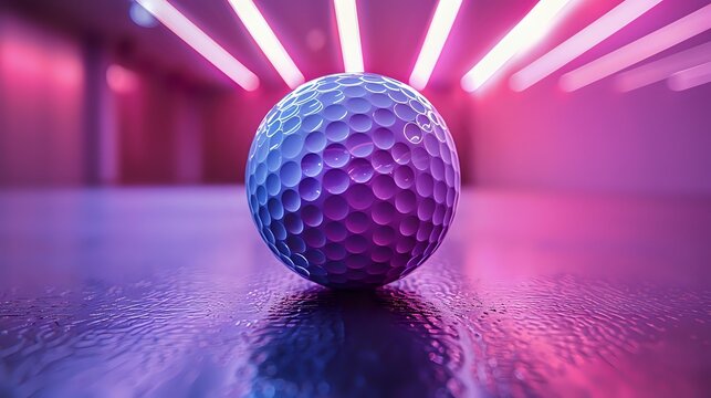Glowing golf ball on reflective surface with pink and purple neon lighting in modern minimalist space creates futuristic sports atmosphere.