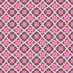 This vector illustration features seamless floral pattern with pink and purple flowers arranged symmetrical design creating vibrant and decorative background perfect for various creative projects